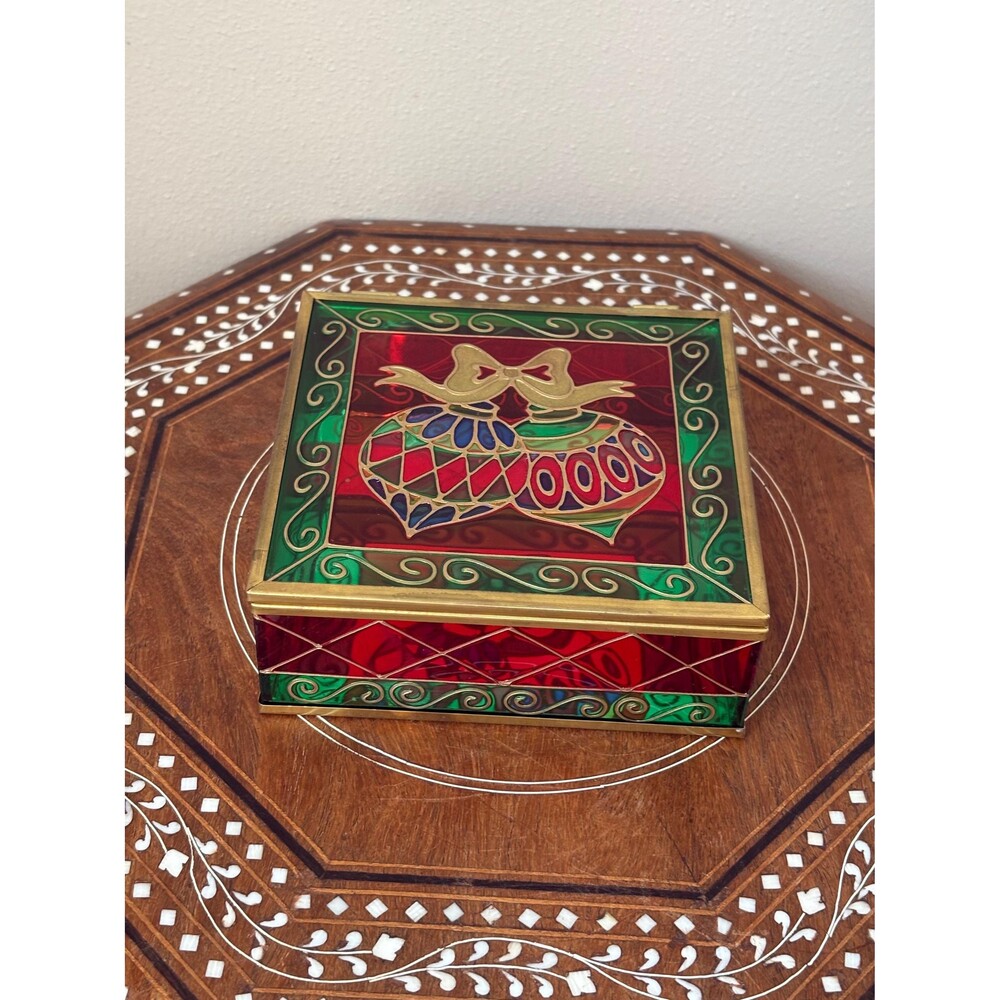 Vintage Christmas/Holiday Stained Glass Look Enameled Hinged Trinket Box Mirrore